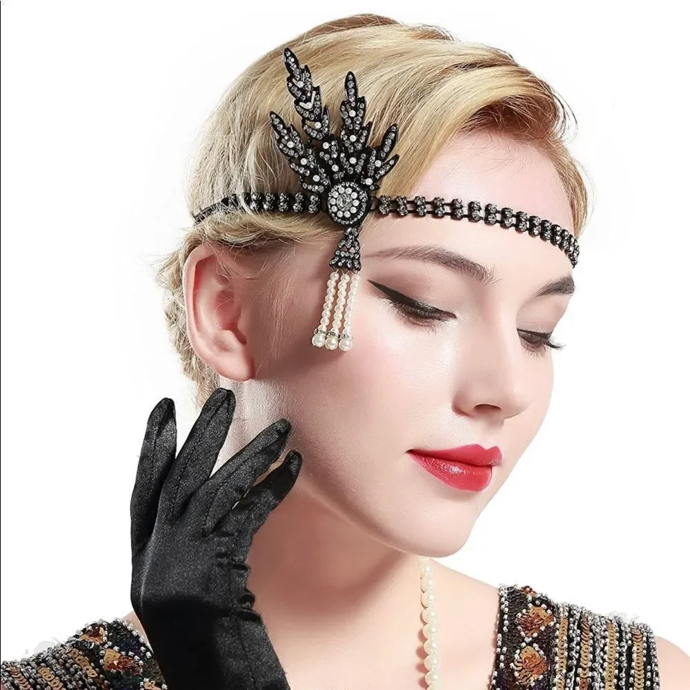 ✨ NWT Art Deco 1920’s Gatsby Flapper Crystal Rhinestone & Pearl Black He…